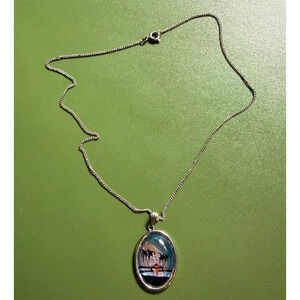 Vintage Iridescent Shell Sunset Pendant Necklace Palm Tree Tropical Oval 16”